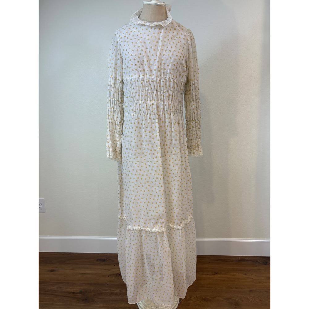 Vtg 70s Vicky Vaughn Prairie Maxi Dress Women L White Yellow floral Cottagecore